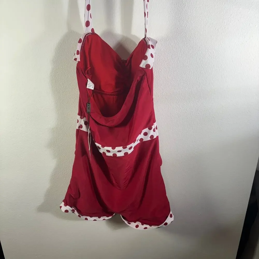 Retro Stage Red Polka Dot Swimdress One Piece Swimsuit Pin Up Rockabilly L NWT